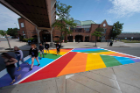 The finished product of the new rainbow crosswalk design near the Student Union and UB Commons painted in August 2019. The Office of Inclusive Excellence helped organize the design and effort. Photographer: Meredith Forrest Kulwicki